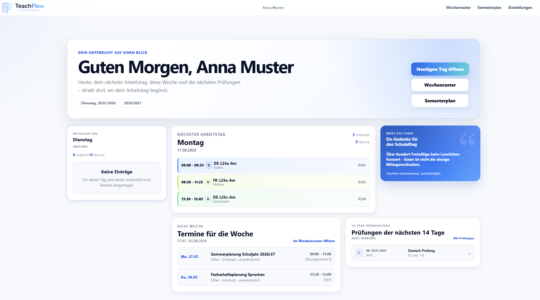 TeachFlow Dashboard mit Schuljahres- und Planungsübersicht