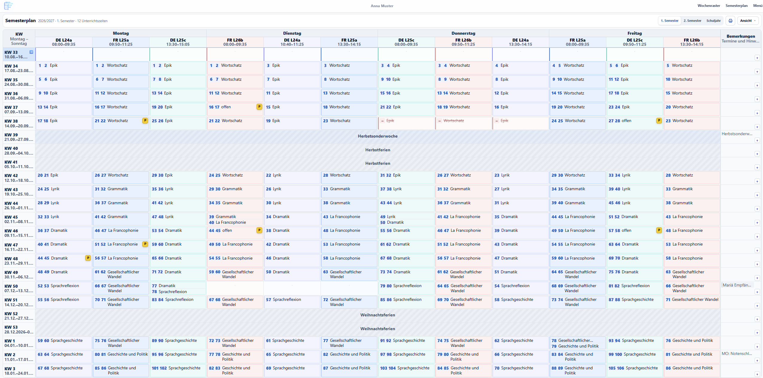 TeachFlow Semesterplan mit Kursen und Unterrichtsinhalten