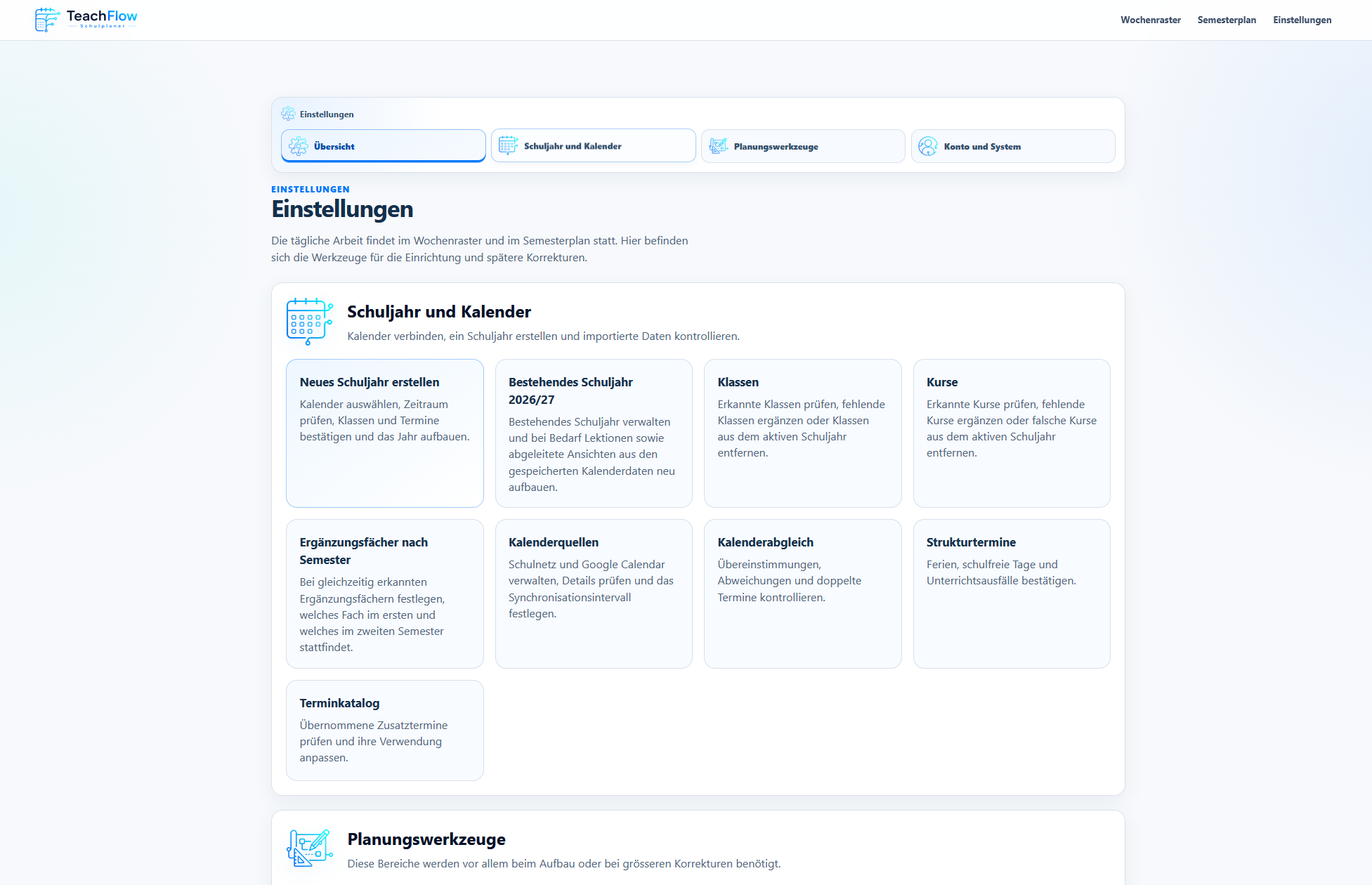 TeachFlow Einstellungen für Schuljahr und Kalender