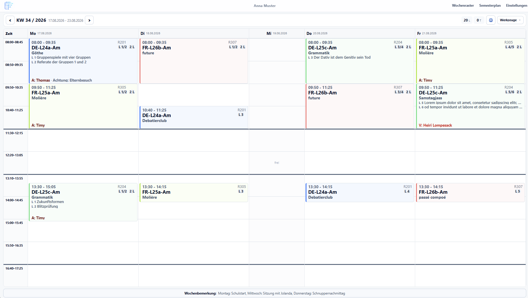 TeachFlow Wochenraster mit Lektionen und Terminen