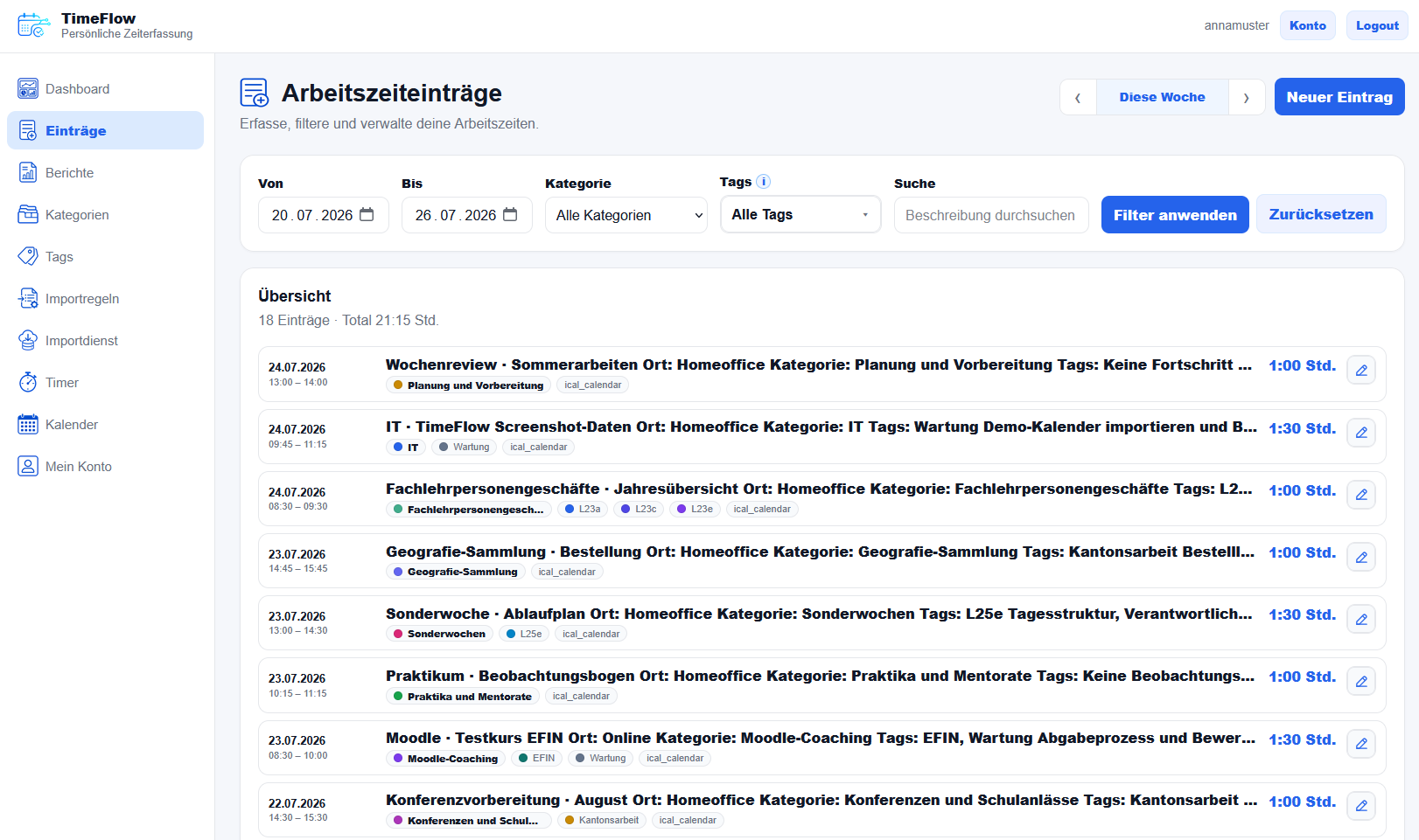 TimeFlow Liste der erfassten Arbeitszeiteinträge