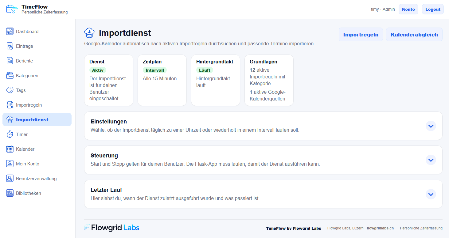 TimeFlow Importdienst mit Synchronisationsstatus