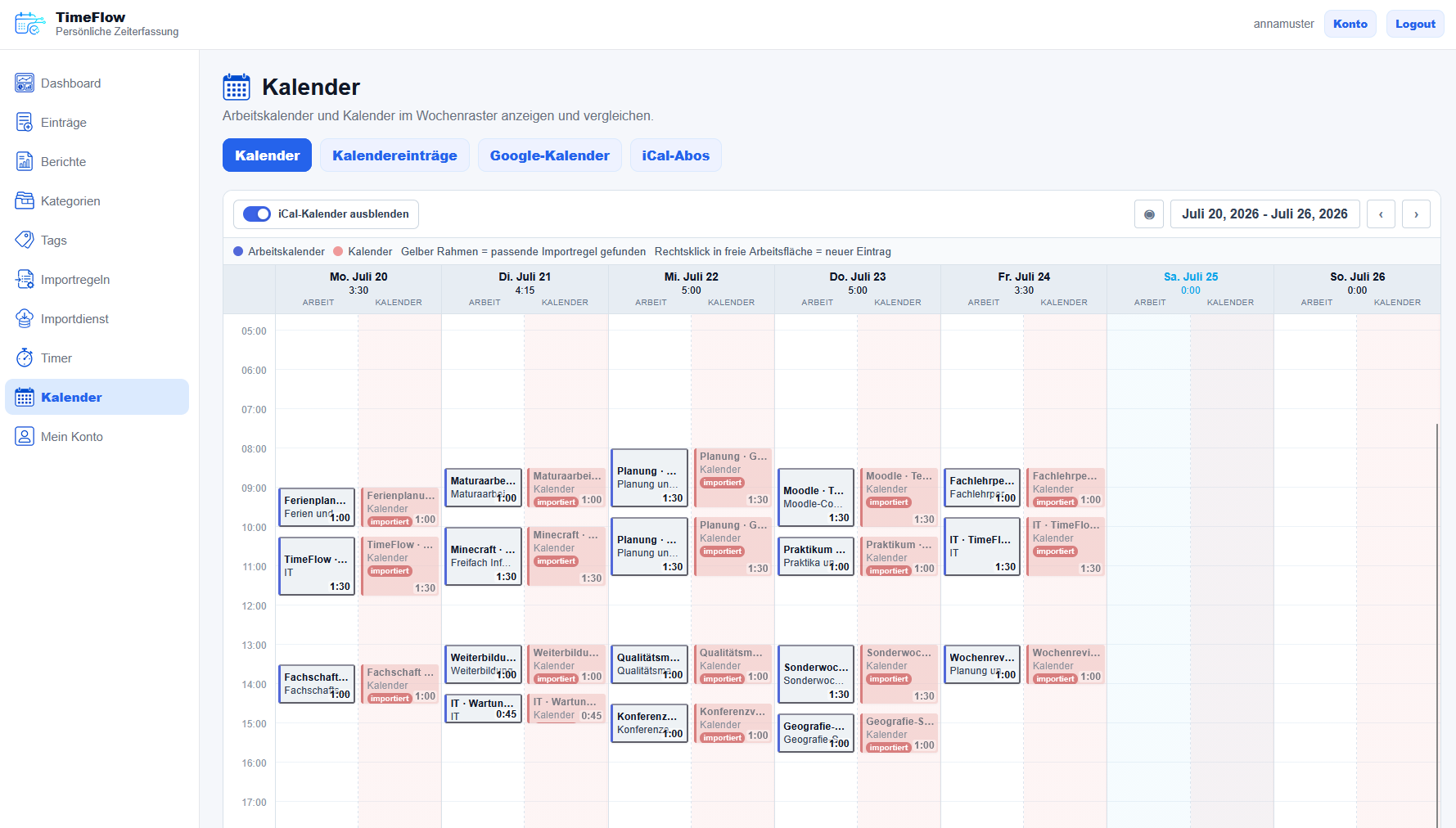 TimeFlow Kalenderabgleich mit Wochenansicht