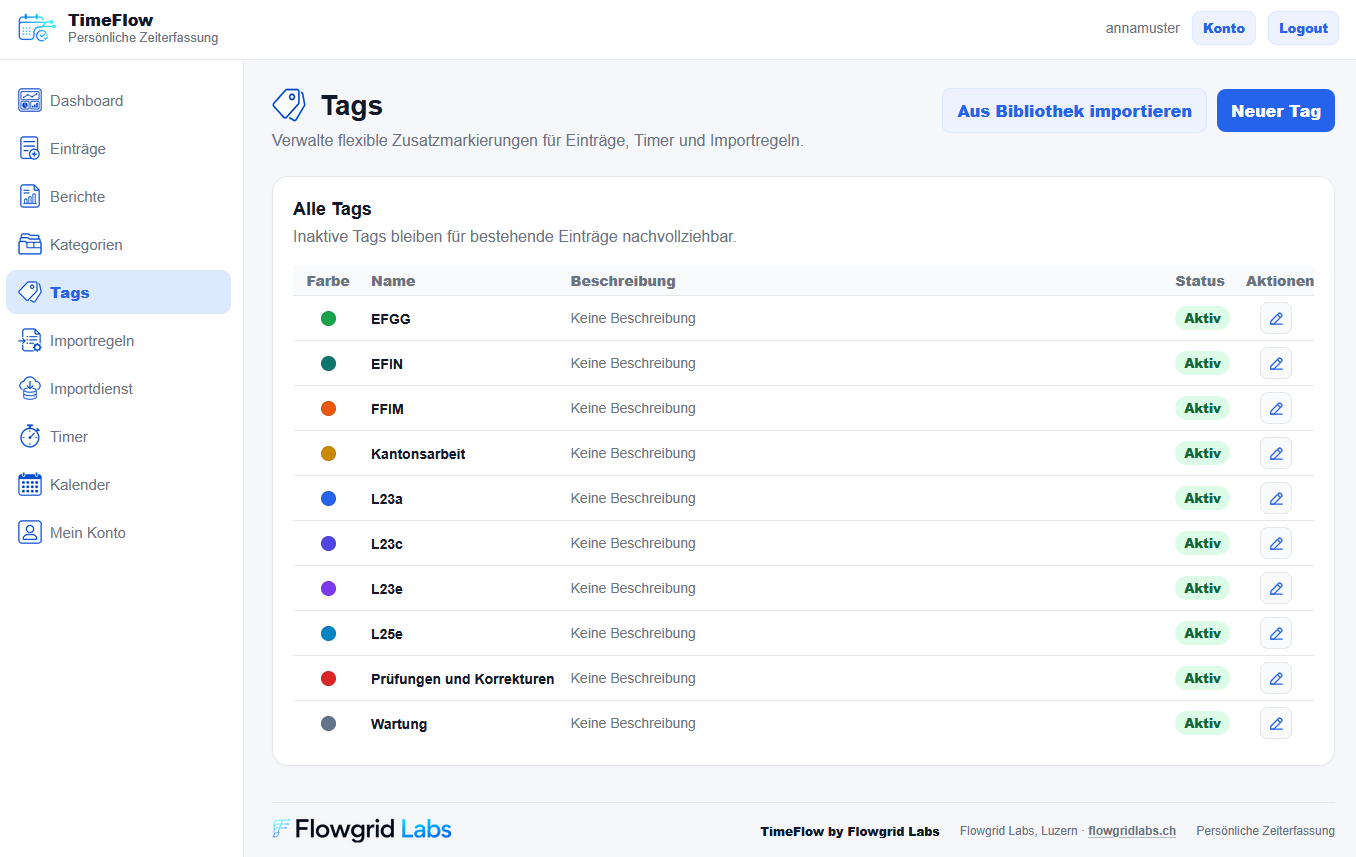 TimeFlow Verwaltung von Tags und Kategorien